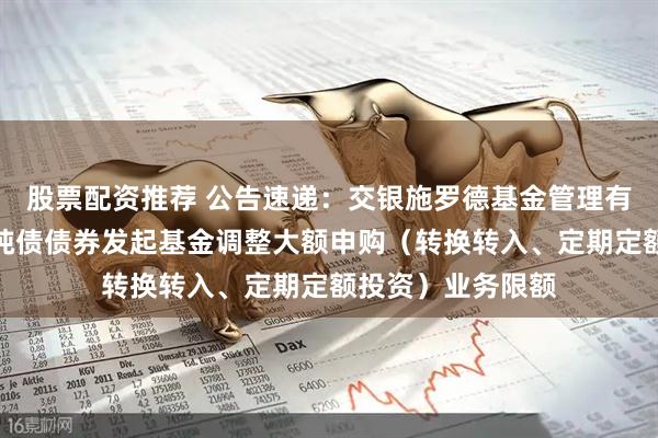 股票配资推荐 公告速递：交银施罗德基金管理有限公司关于交银纯债债券发起基金调整大额申购（转换转入、定期定额投资）业务限额